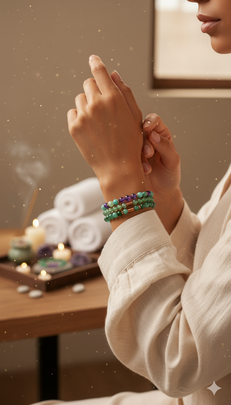 🪐 Virgo Zodiac Gemstone Crystal Bracelet – Amethyst, Amazonite, Green Aventurine & Copper