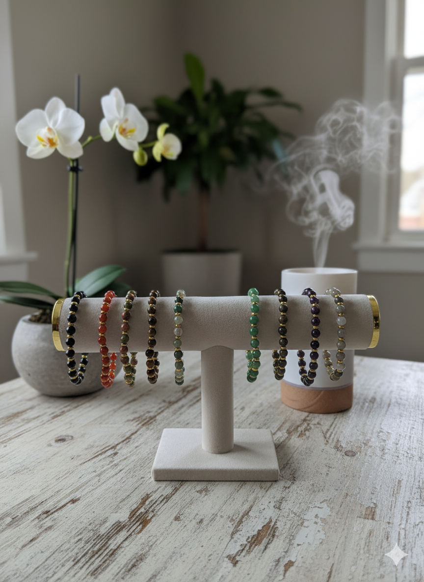 Round Gemstone Bead Bracelet with Gold Spacer – 7mm, Handmade, Personalized Stone Choice