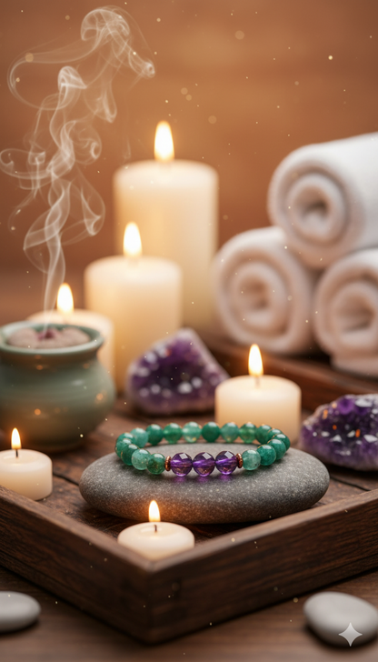🪐 Virgo Zodiac Gemstone Crystal Bracelet – Amethyst, Amazonite, Green Aventurine & Copper