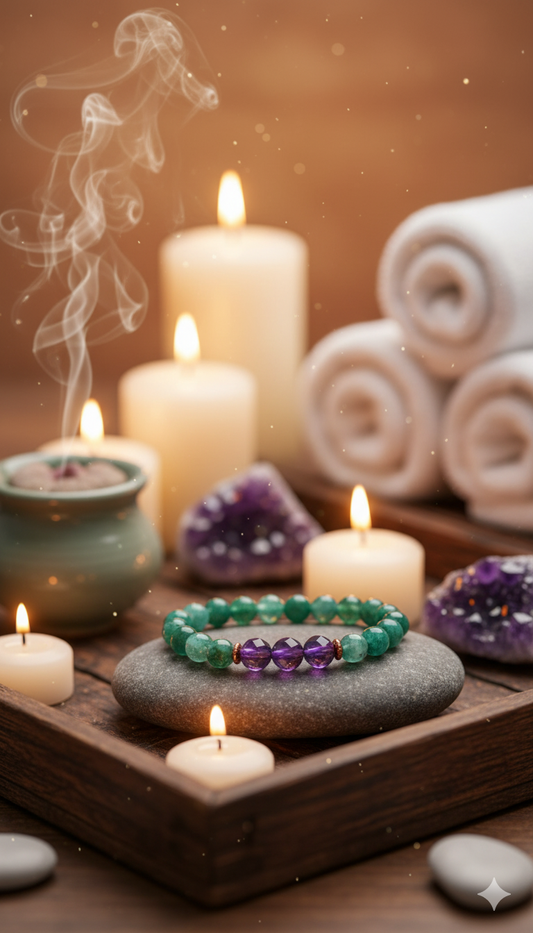 🪐 Virgo Zodiac Gemstone Crystal Bracelet – Amethyst, Amazonite, Green Aventurine & Copper