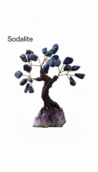 Tumbled Gemstone Tree on Raw Amethyst Base – Handcrafted Crystal Tree of Life, Adjustable Branches