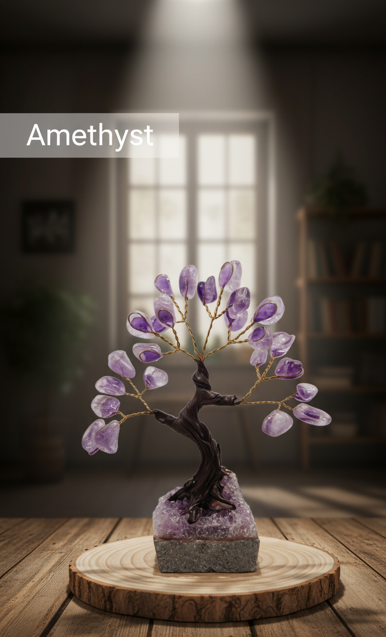 Tumbled Gemstone Tree on Raw Amethyst Base – Handcrafted Crystal Tree of Life, Adjustable Branches