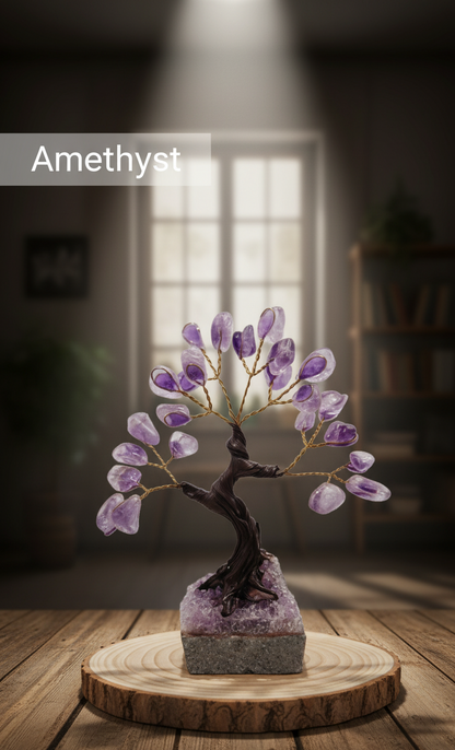 Tumbled Gemstone Tree on Raw Amethyst Base – Handcrafted Crystal Tree of Life, Adjustable Branches