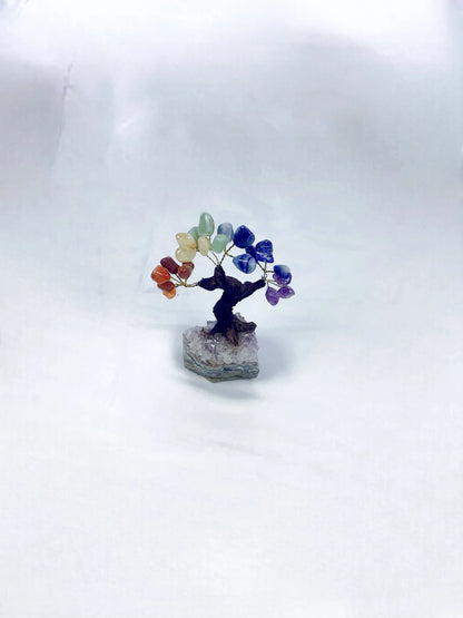 Tumbled Gemstone Tree on Raw Amethyst Base – Handcrafted Crystal Tree of Life, Adjustable Branches